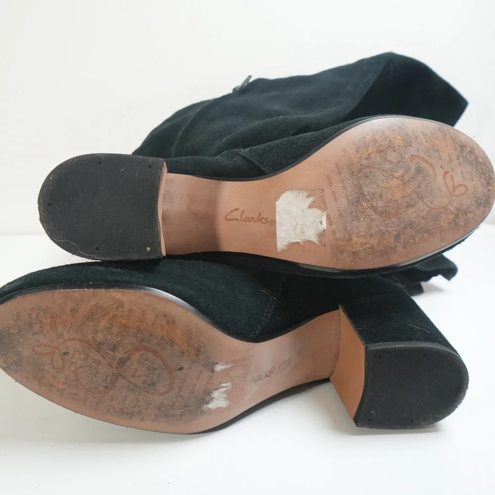 Clarks Over The Knee Boots Womens 9 Black Suede Block Heel Tall Fold Over Cuff